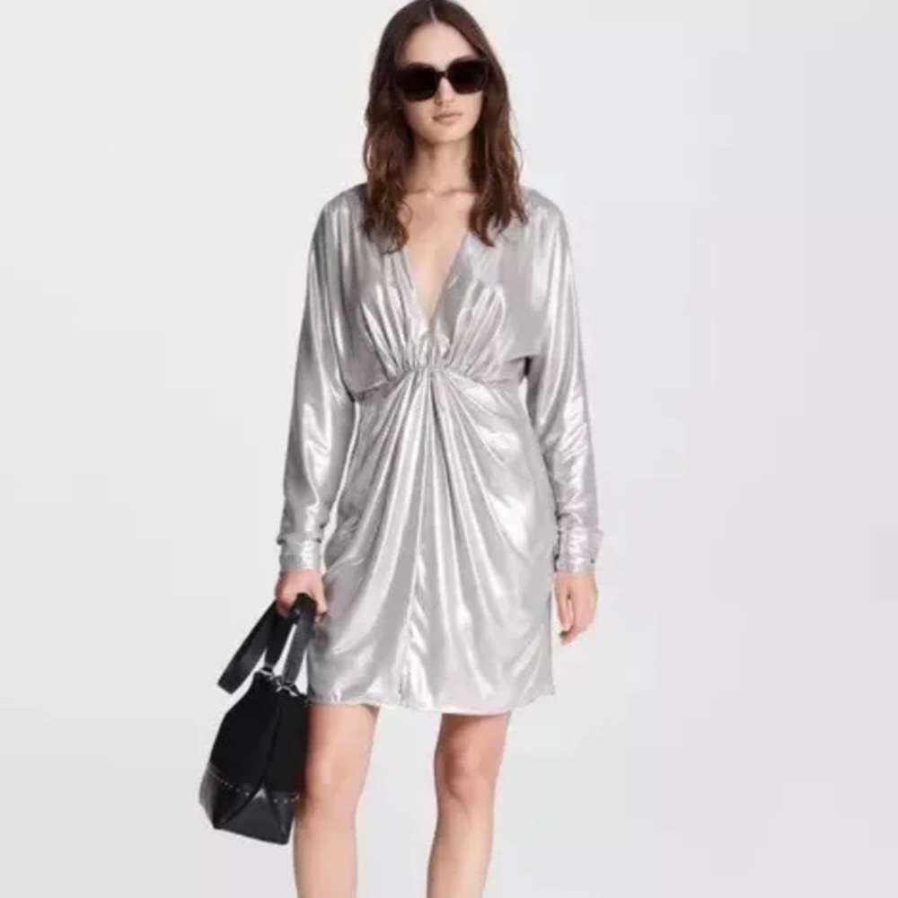 Rag & Bone Women’s Eloise Silver Metallic V-Neck Pleated Mini Dress